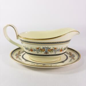 Vintage Minton Stanwood Gold Trim Bone China Gravy Boat w/ Underplate England